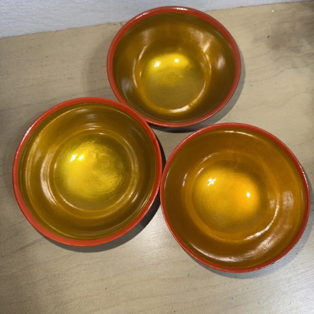 3 Vintage Russian Khokhloma Hand-Painted Black Red & Gold Lacquered Wooden Bowls